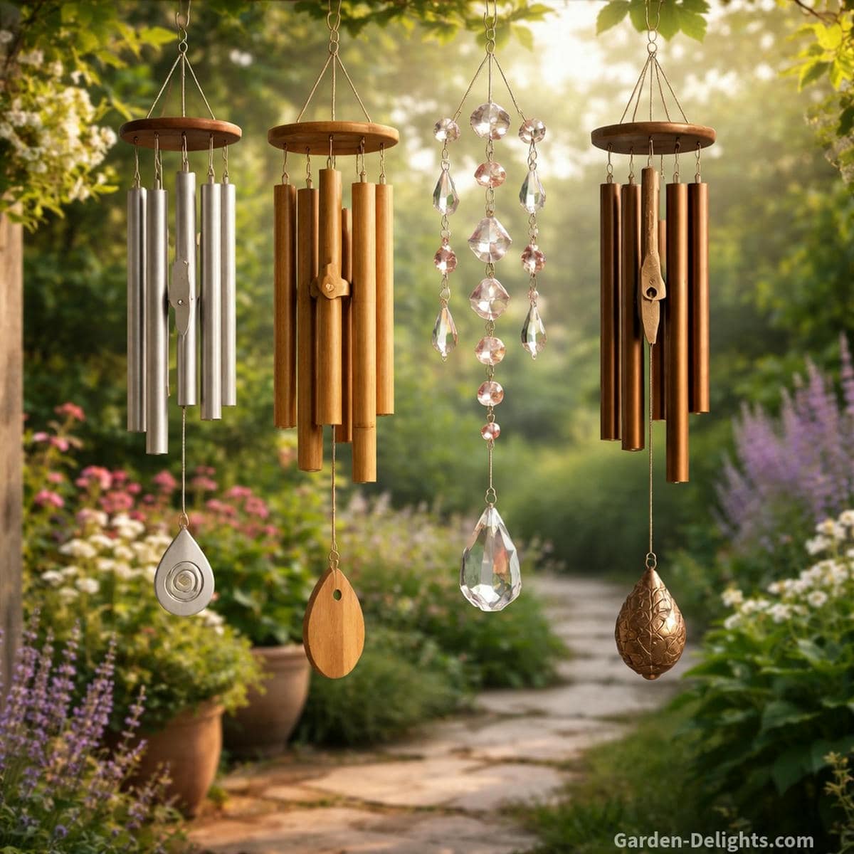 Wind chimes made of aluminum bamboo crystal and bronze hanging in a calm garden with soft morning light gentle airflow and warm tone that supports energy flow emotional clarity grounding comfort and spiritual reflection