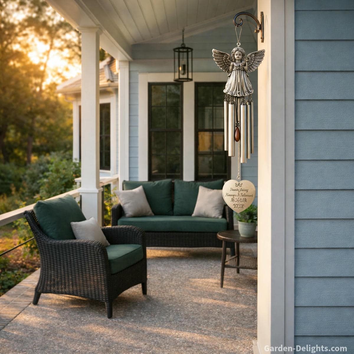 Angel memorial wind chime hanging from a porch post on a light blue cottage with black wicker seating dark green cushions and warm sunset light creating a serene remembrance space that feels comforting peaceful and emotionally supportive.
