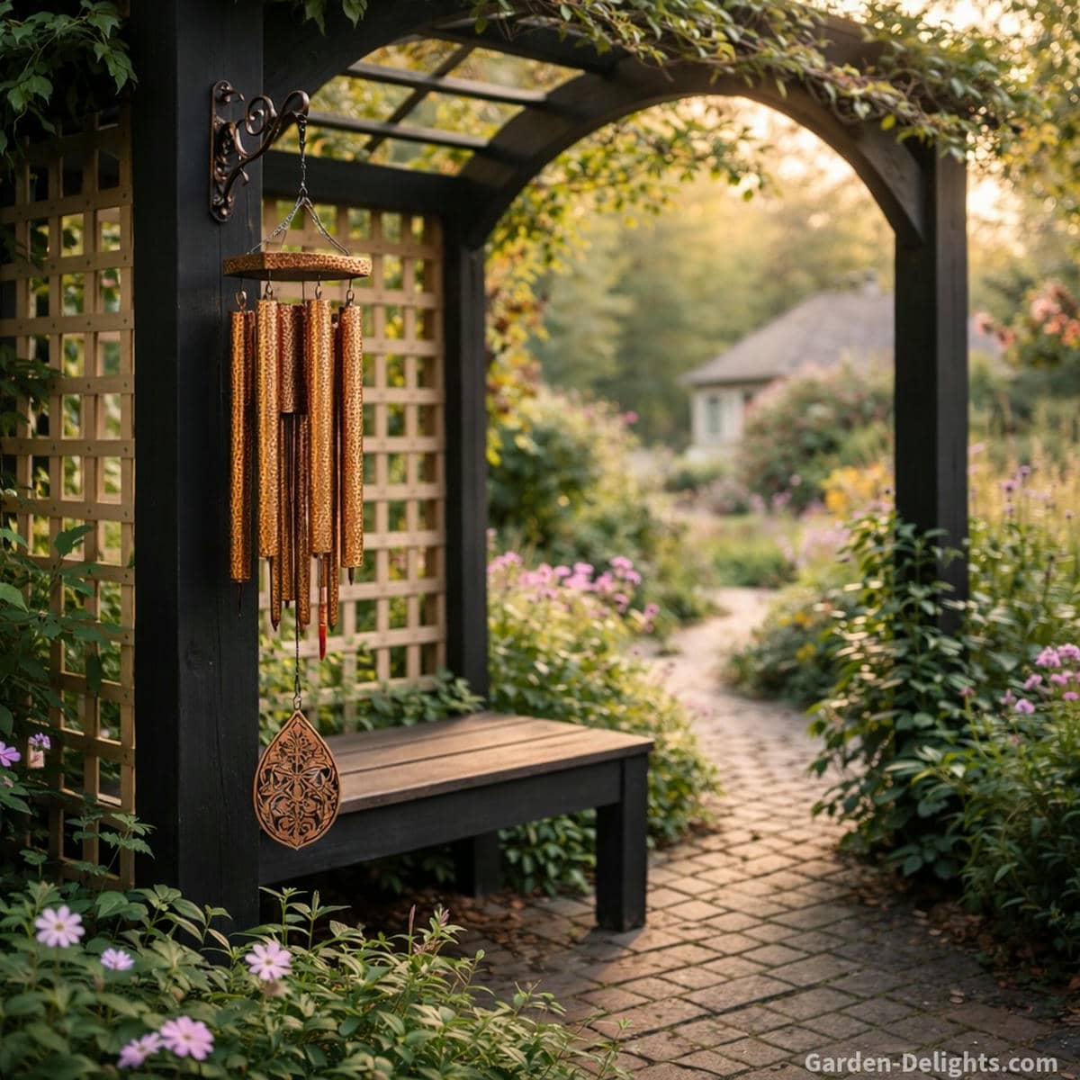 Hammered copper memorial wind chime hanging from a black garden arch beside a cottage walkway with warm morning light soft floral breeze gentle tone emotional grounding breath balance and spiritual connection for memory healing