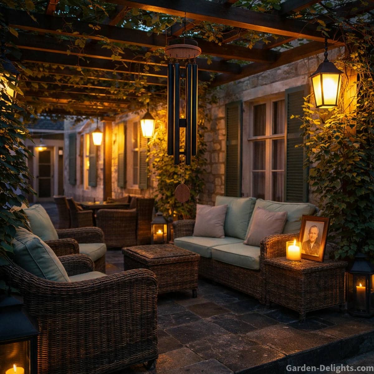Memorial wind chime hanging in a warm twilight pergola above light brown wicker seating with seafoam cushions soft lantern glow a framed photo and a single candle creating an emotional anniversary remembrance space for angelversaries heavenly birthdays and grief rituals