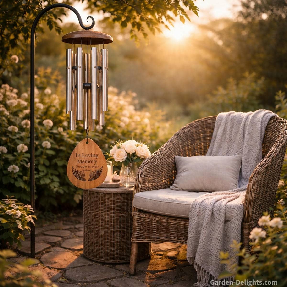 Memorial wind chime for the anniversary of a spouse or partner’s passing hanging beside a quiet garden chair where soft morning light gentle movement and calming tone create emotional steadiness and warm remembrance