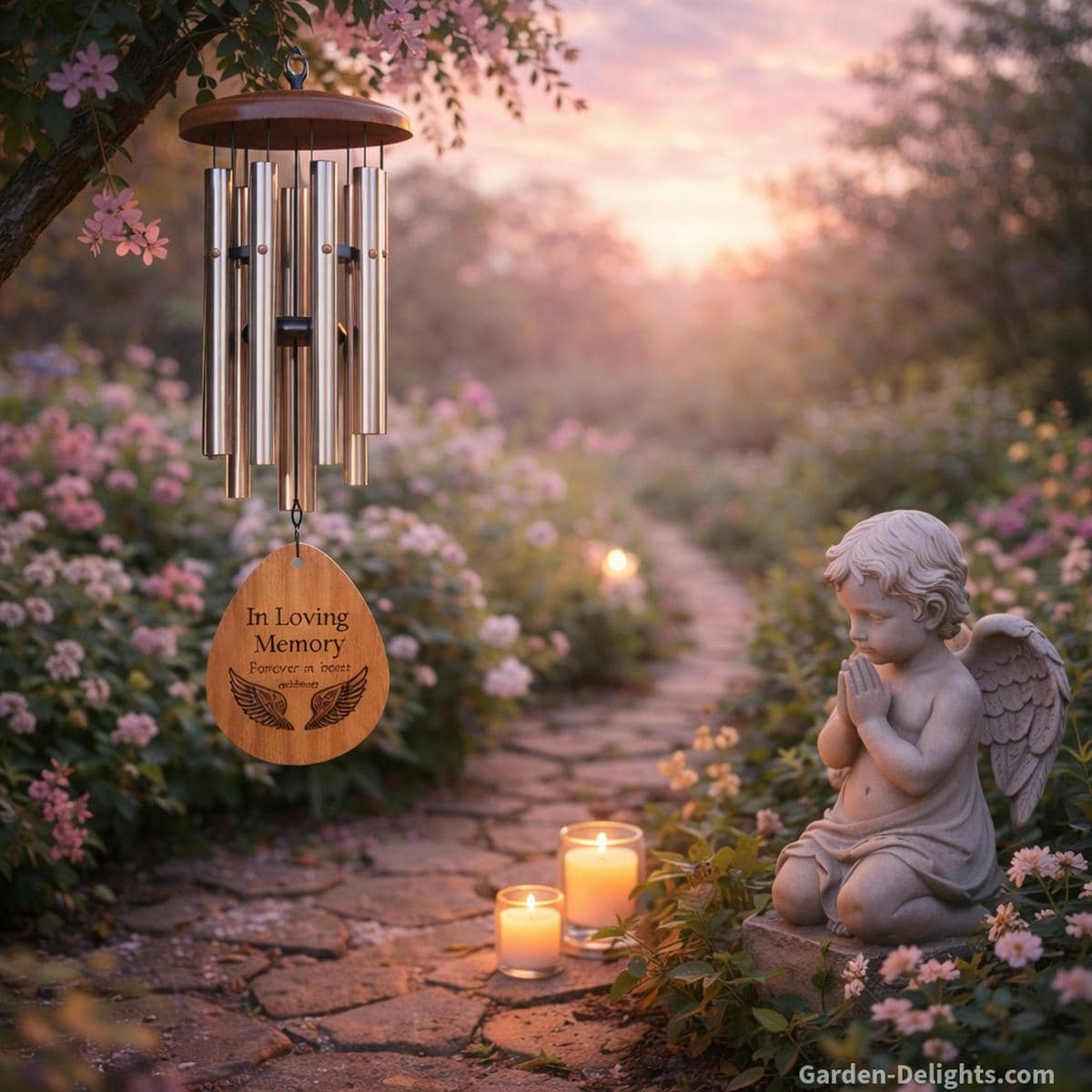 Memorial wind chime for a child’s angelversary hanging beside a gentle garden path where soft pastel light and calm tone create emotional comfort spiritual warmth and a tender remembrance space