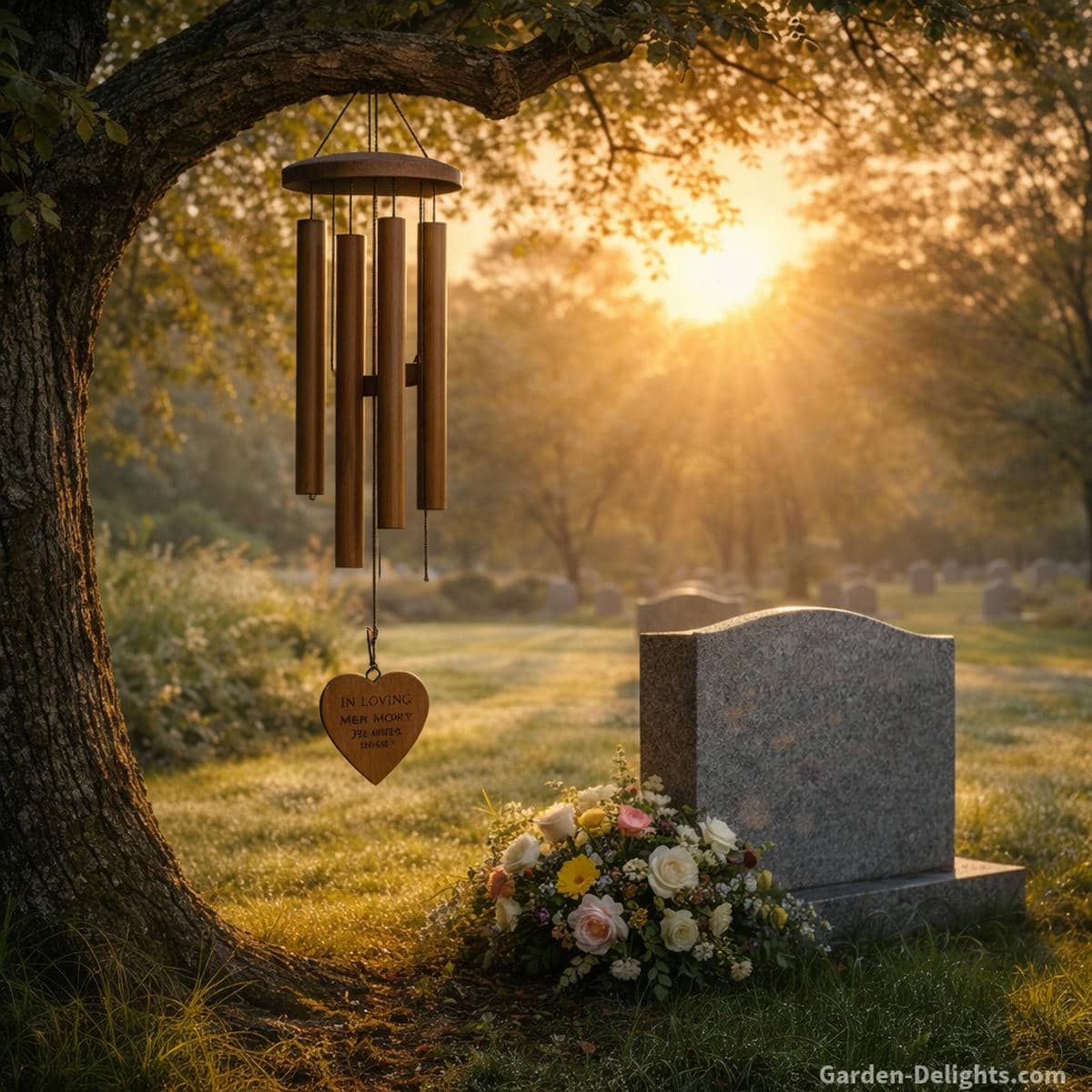 Teak memorial wind chime hanging from an old oak tree beside a graveside memory stone where warm morning light soft dew and gentle airflow create grounding tone emotional steadiness and peaceful remembrance during early grief