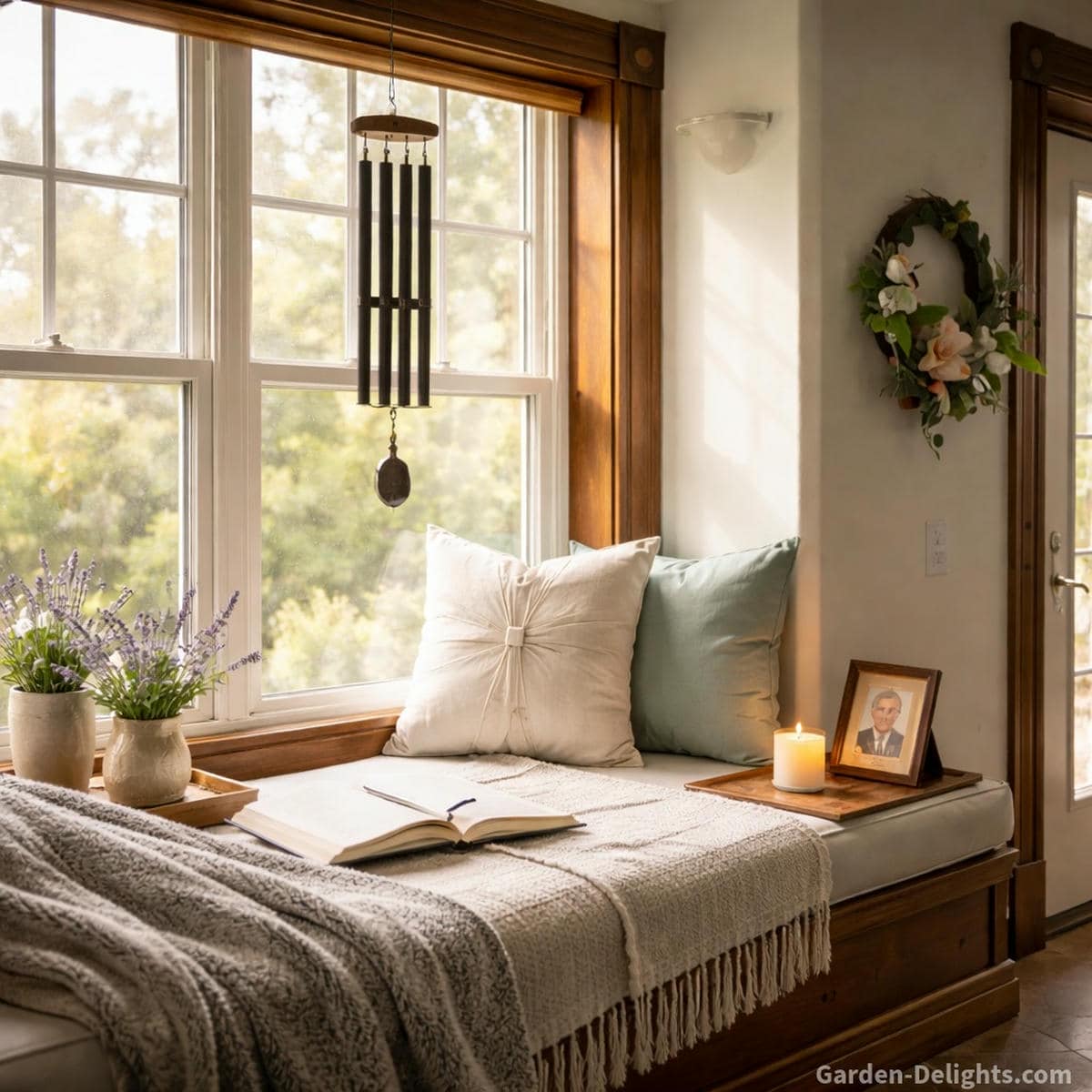 Memorial wind chime beside a peaceful indoor window seat with dark walnut trim soft cream and sage cushions gentle morning glow a lavender vase an open journal and a candle lit keepsake photo creating a healing grief sanctuary for heavenly birthdays partner remembrance angelversary rituals and quiet emotional reflection