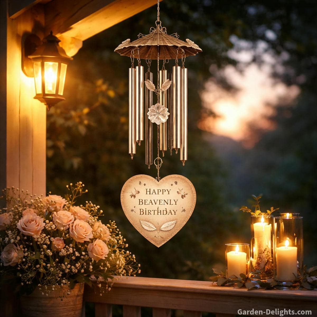 Memorial wind chime under warm porch light with gentle tone and soft glow honoring a parent spouse or grandparent on a heavenly birthday