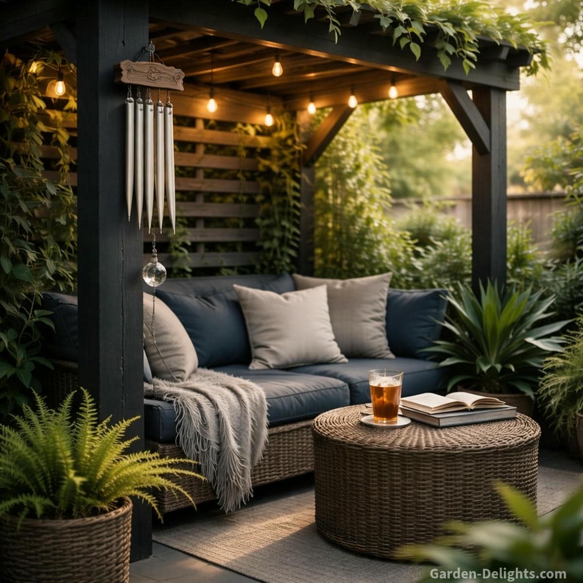 Memorial wind chime hanging from a wooden decorative hook on a dark pergola post beside a cozy outdoor reading nook with deep blue seating light grey pillows wicker textures iced tea and soft morning light that supports emotional grounding memory comfort spiritual presence and gentle healing