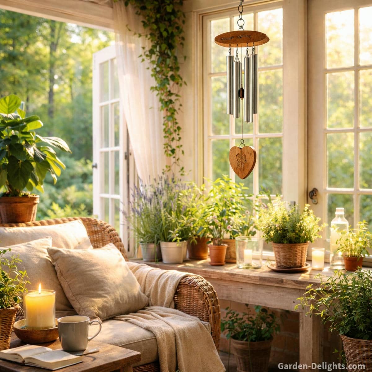 Memorial wind chime hanging in a warm sunroom filled with morning light gentle indoor airflow soft melodic tone movement and peaceful plant filled surroundings that support emotional grounding calm reflection and healing sound clarity in small space living