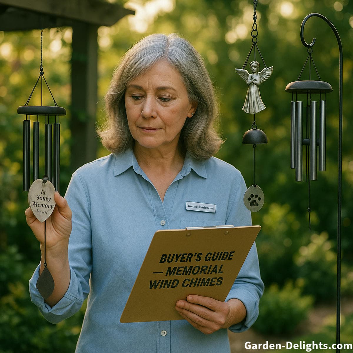 Woman reviewing a memorial wind chime buying checklist surrounded by sympathy, engraved, angel, and pet remembrance chimes in a calm garden scene that supports thoughtful grieving and meaningful selection