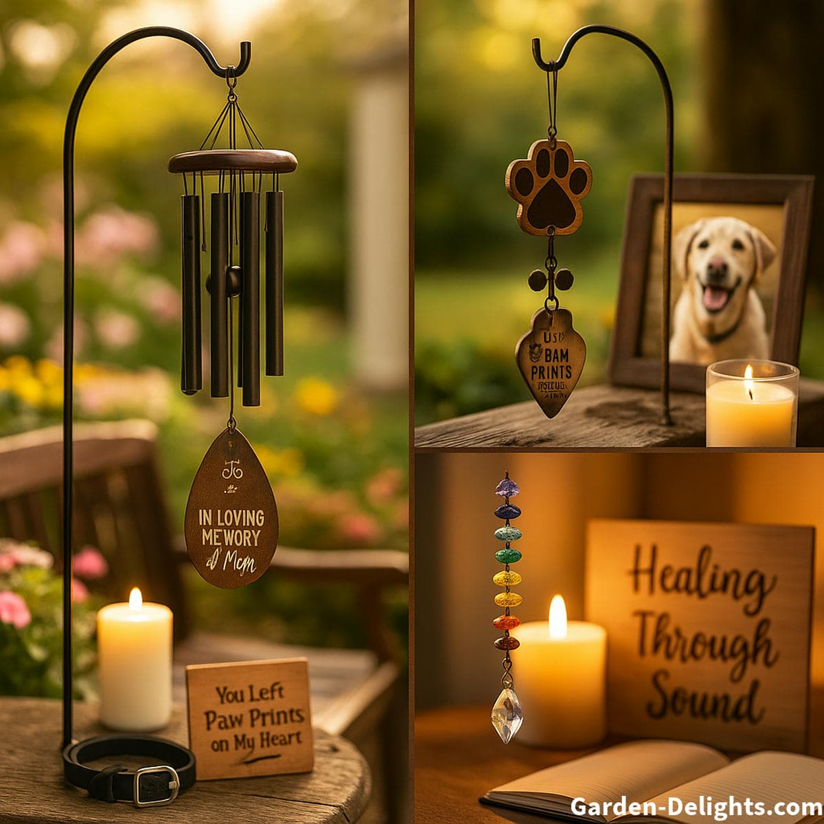 Personalized memorial wind chimes for loss of parent, beloved pet, or emotional self-healing displayed across a tranquil remembrance garden with engraved chimes, a pet tribute corner, and chakra crystal wind chimes for grief support and spiritual reflection