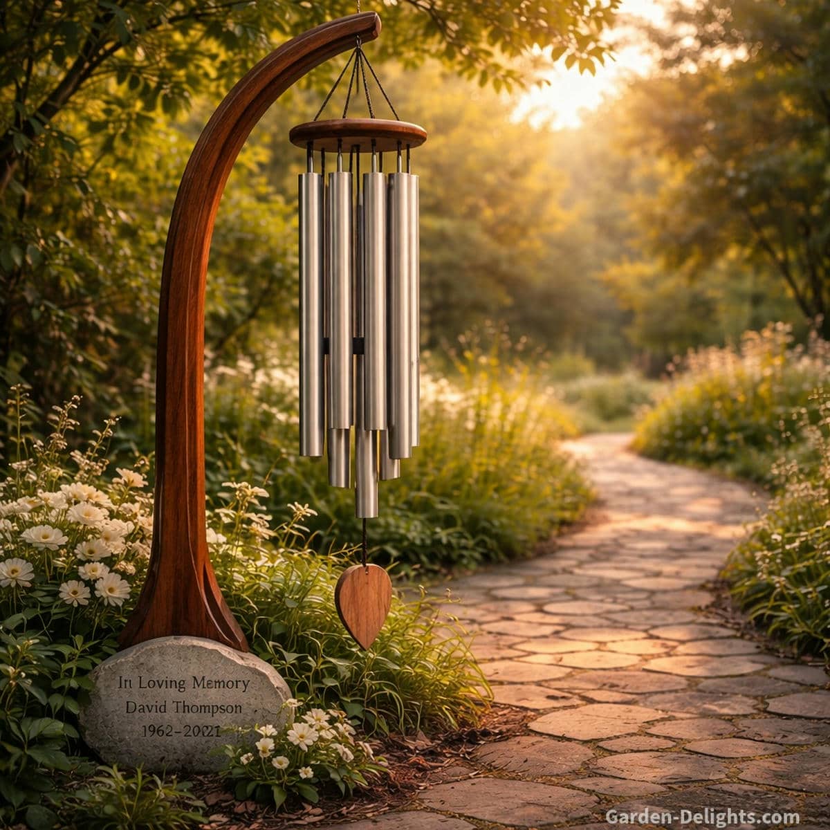 Brushed aluminum memorial wind chimes hanging beside a quiet stone garden path where low resonant tones long harmonic sustain and gentle airflow create grounding comfort spiritual steadiness and peaceful remembrance during wakes or graveside gatherings