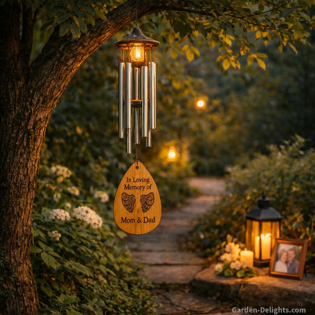Parent memorial wind chime hanging from a garden tree beside a stone path and candle lantern where soft light gentle movement and calm tone support anniversary remembrance and emotional comfort