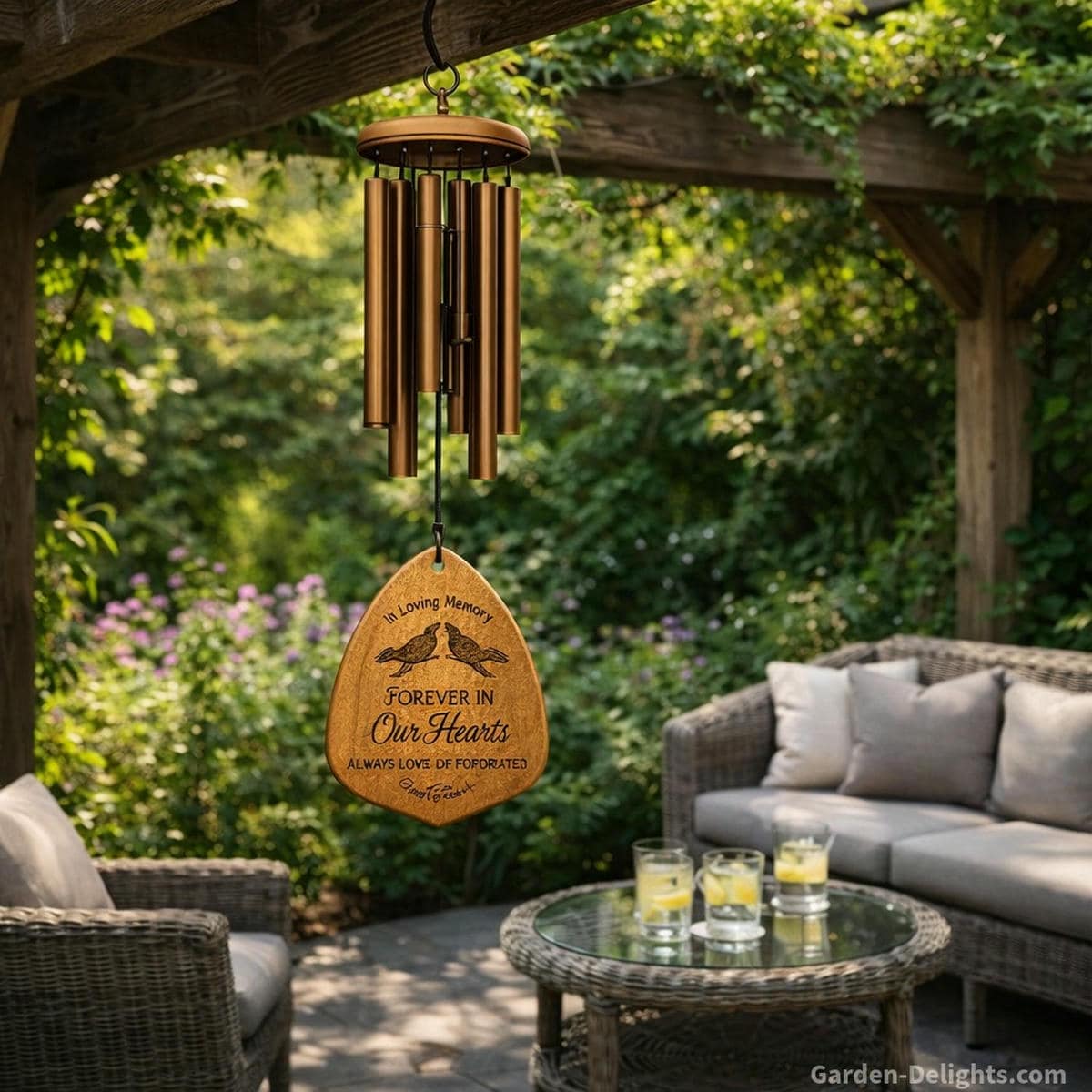 Personalized memorial wind chime with warm bronze tubes and an engraved wind catcher hanging from a dark wood pergola with climbing vines gentle midday light soft airflow and a peaceful garden seating area with grey wicker furniture and a round glass table that supports remembrance emotional grounding and calm reflection