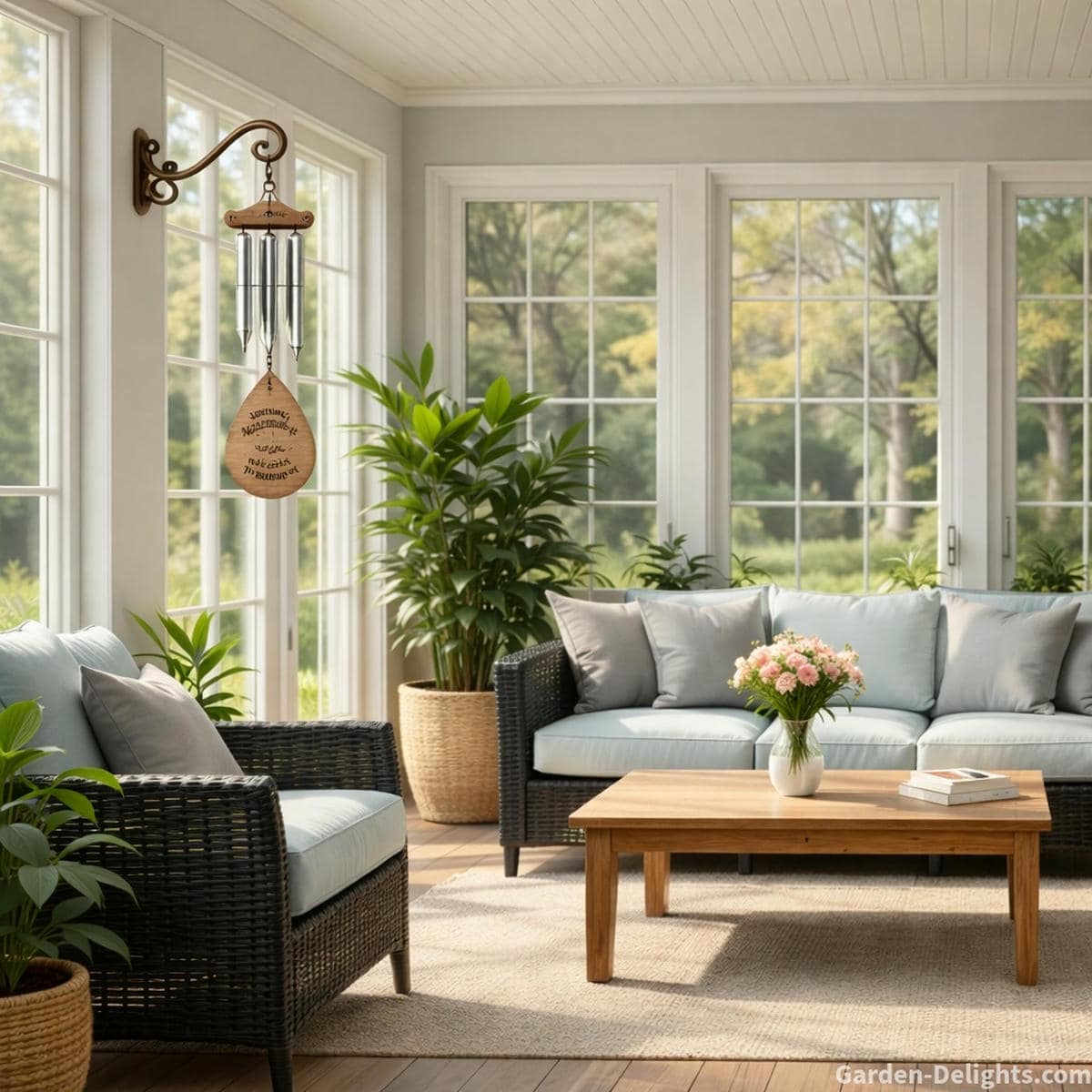 Personalized memorial wind chime hanging in a peaceful sunroom with soft morning light warm tone gentle airflow indoor plants and symbolic resonance that supports meditation grief anniversaries emotional healing and quiet remembrance rituals