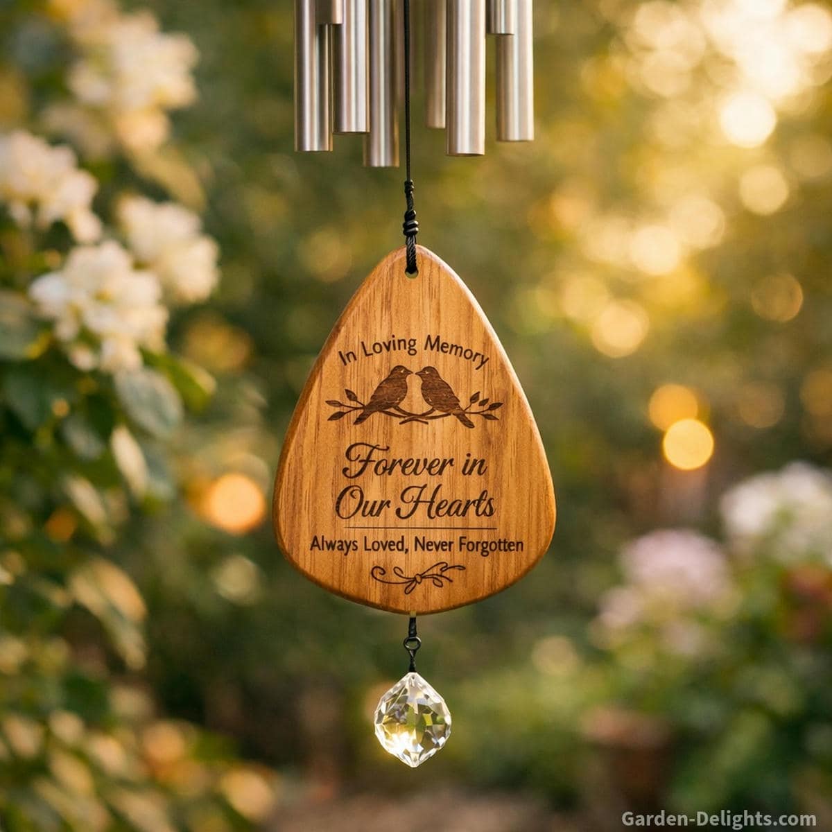 Close view of a personalized memorial wind chime engraving with warm garden light gentle airflow calm soft tone and symbolic meaning that supports remembrance healing and daily connection