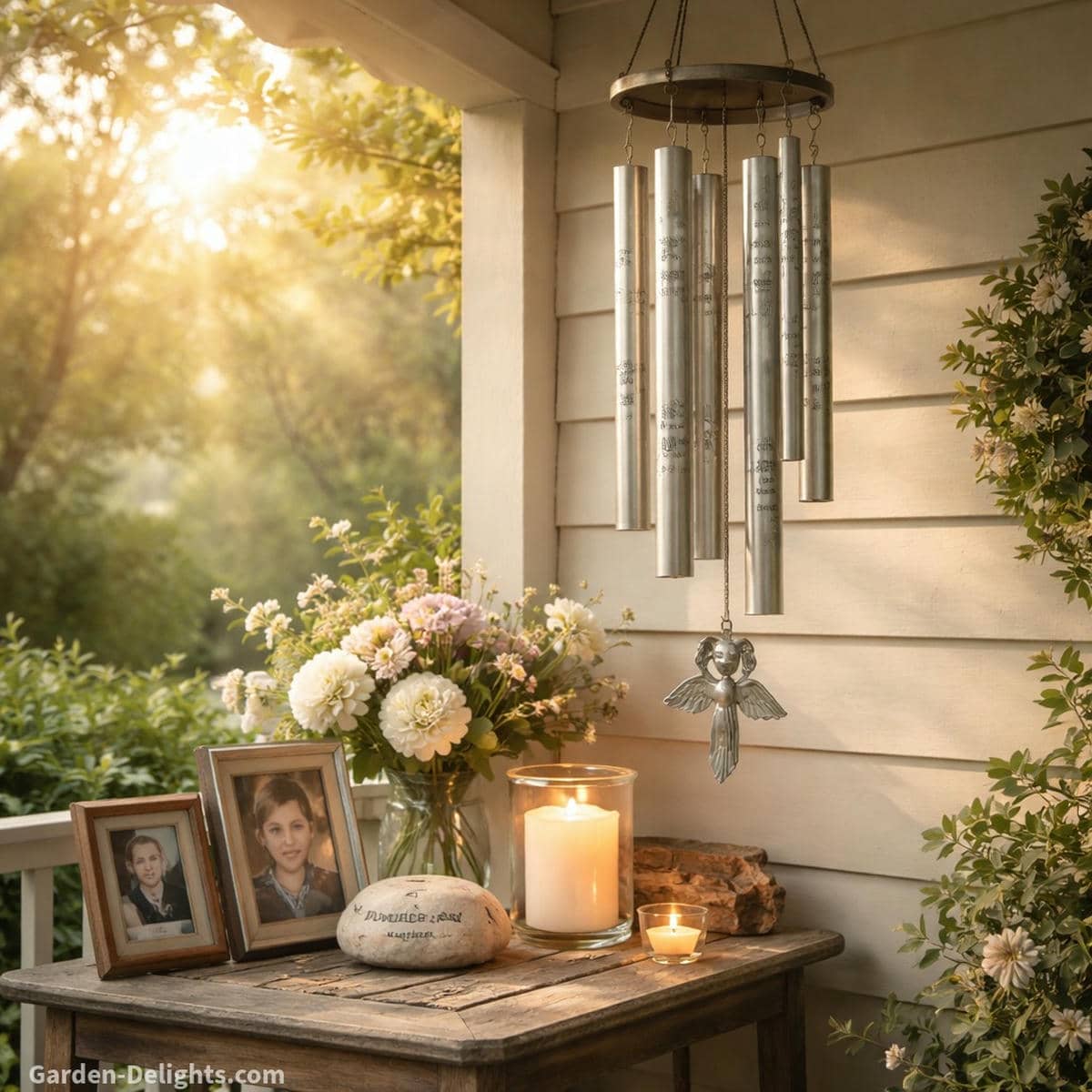 Memorial wind chimes hanging in a quiet porch remembrance corner with engraved metal tubes, soft morning light, gentle airflow movement, and symbolic decor offering emotional healing and peaceful grief support