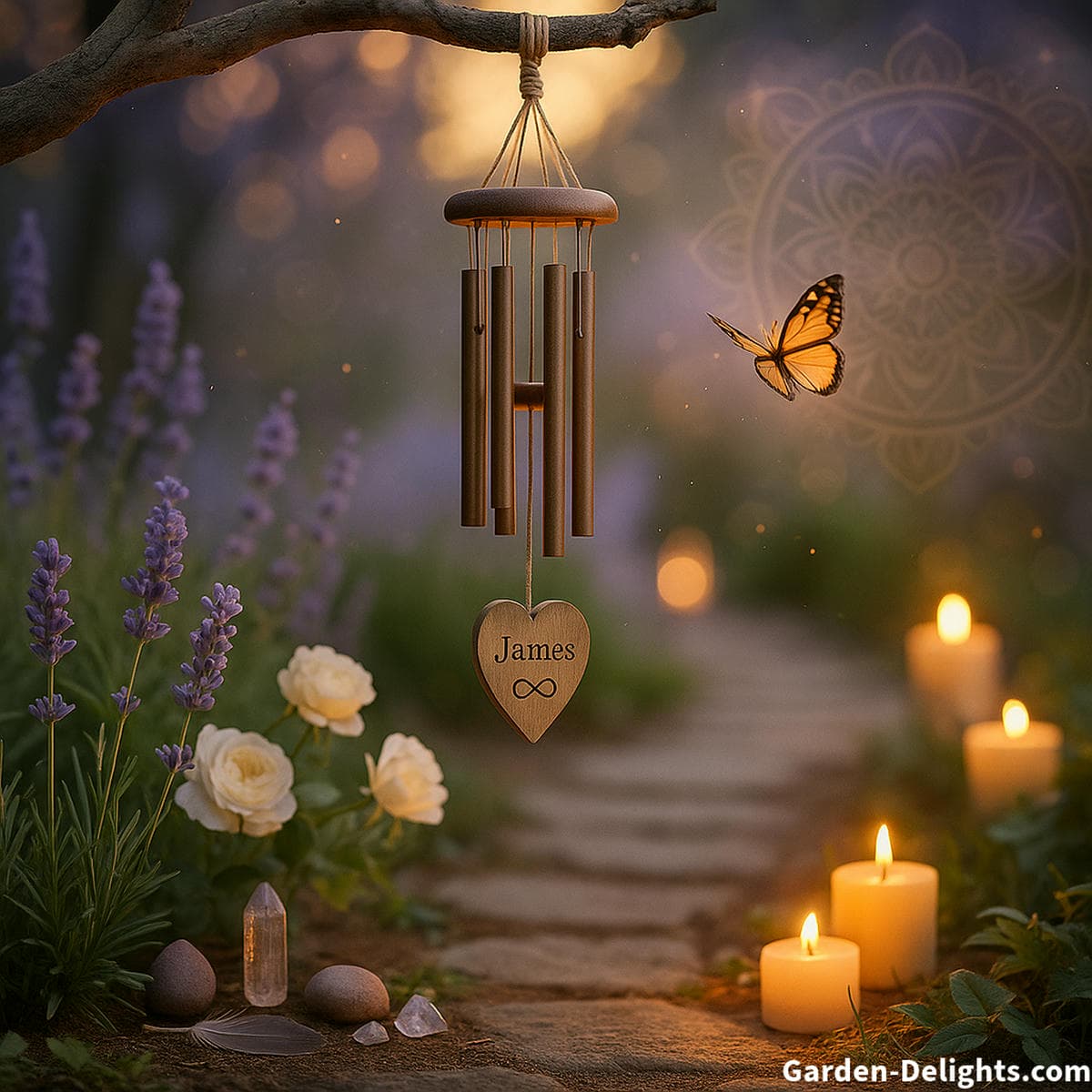 Spiritual memorial wind chimes in a calm garden with soft morning light lavender candles and gentle airflow that creates emotional healing breath regulation and sacred remembrance for loved ones who have passed