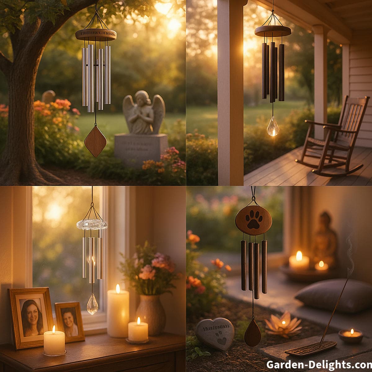 Memorial wind chimes placed in meaningful locations including a remembrance garden tree a quiet front porch a sunlit indoor window altar and a peaceful pet memorial space showing symbolic placement for emotional healing grief support and gentle spiritual connection