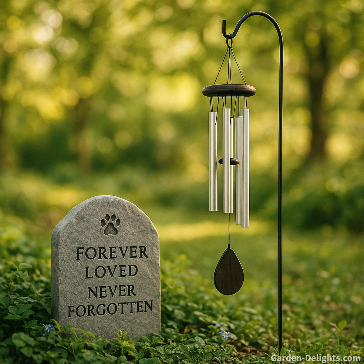 Pet memorial wind chime beside a garden grave marker with warm gentle tone soft light peaceful movement and symbolic remembrance for a beloved dog or cat resting in a quiet outdoor memorial space