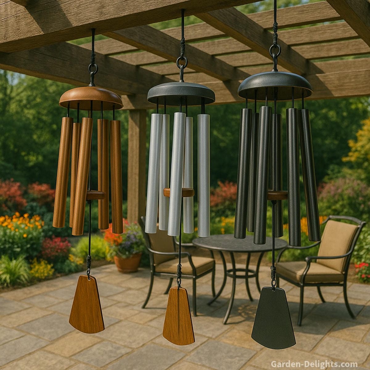 Large bronze, aluminum, and steel wind chimes swaying from a wooden pergola above a stone patio casting soft shadows, echoing deep and bright tones, and enhancing Feng Shui balance with calming outdoor resonance.