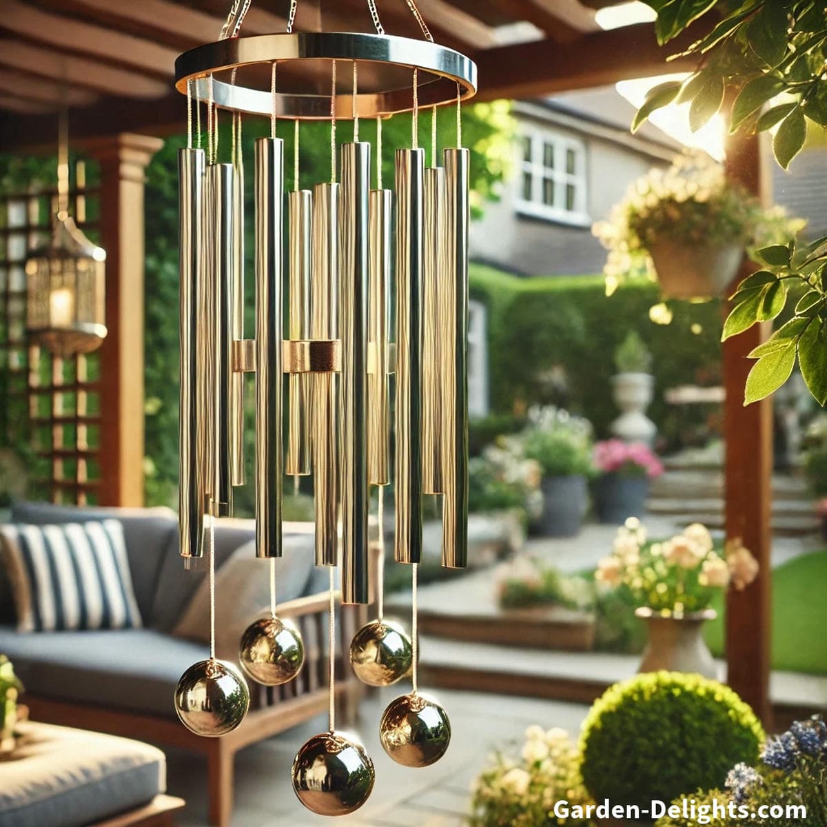 Elegant metal wind chimes swaying in the breeze on a cozy backyard patio, surrounded by a lush garden with a wooden pergola.