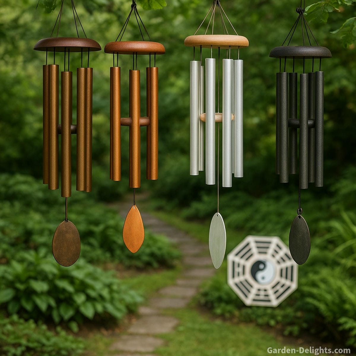 Metal wind chimes made of bronze, copper, aluminum, and steel hanging in a Feng Shui-optimized garden showing intentional Bagua placement, rod count symbolism, and energy flow alignment for harmony and prosperity.