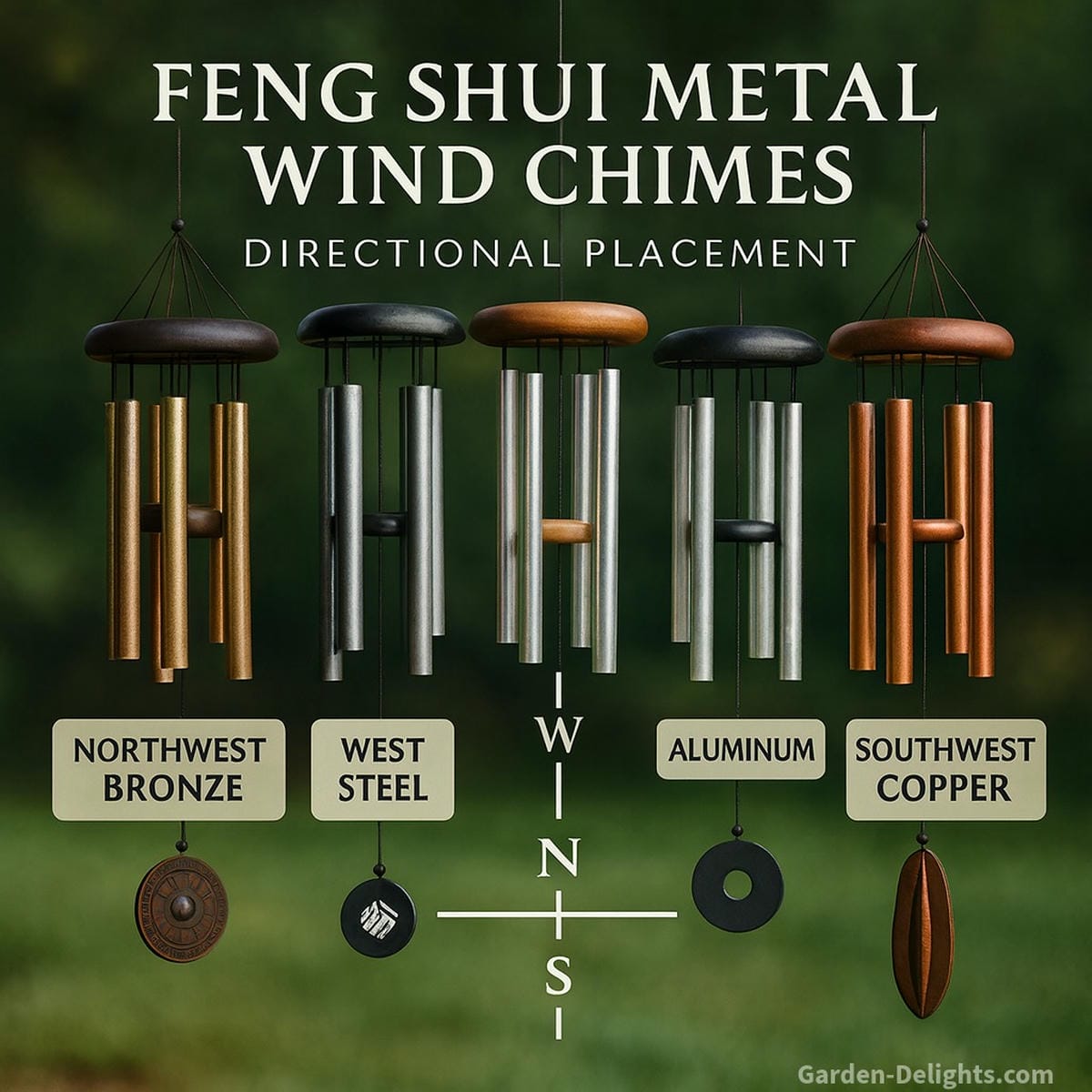 Feng Shui metal wind chimes placement guide illustrating aluminum in the North, bronze in the Northwest, steel in the West, and copper in the Southwest activating Chi flow, elemental harmony, and directional energy.