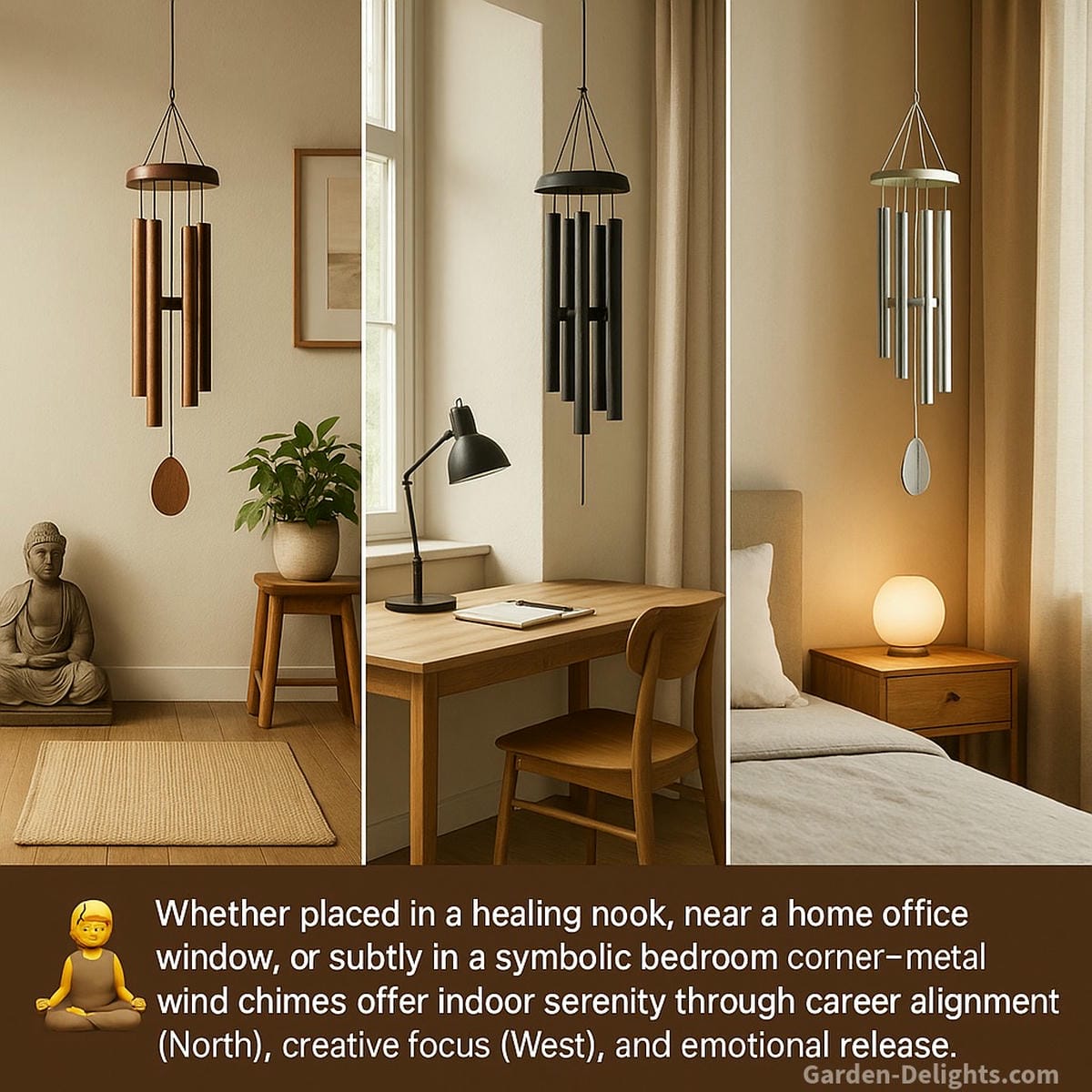 Indoor metal wind chimes placed in a meditation room, home office, and bedroom corner enhancing Feng Shui energy flow, emotional healing, career clarity, and soft spiritual resonance.