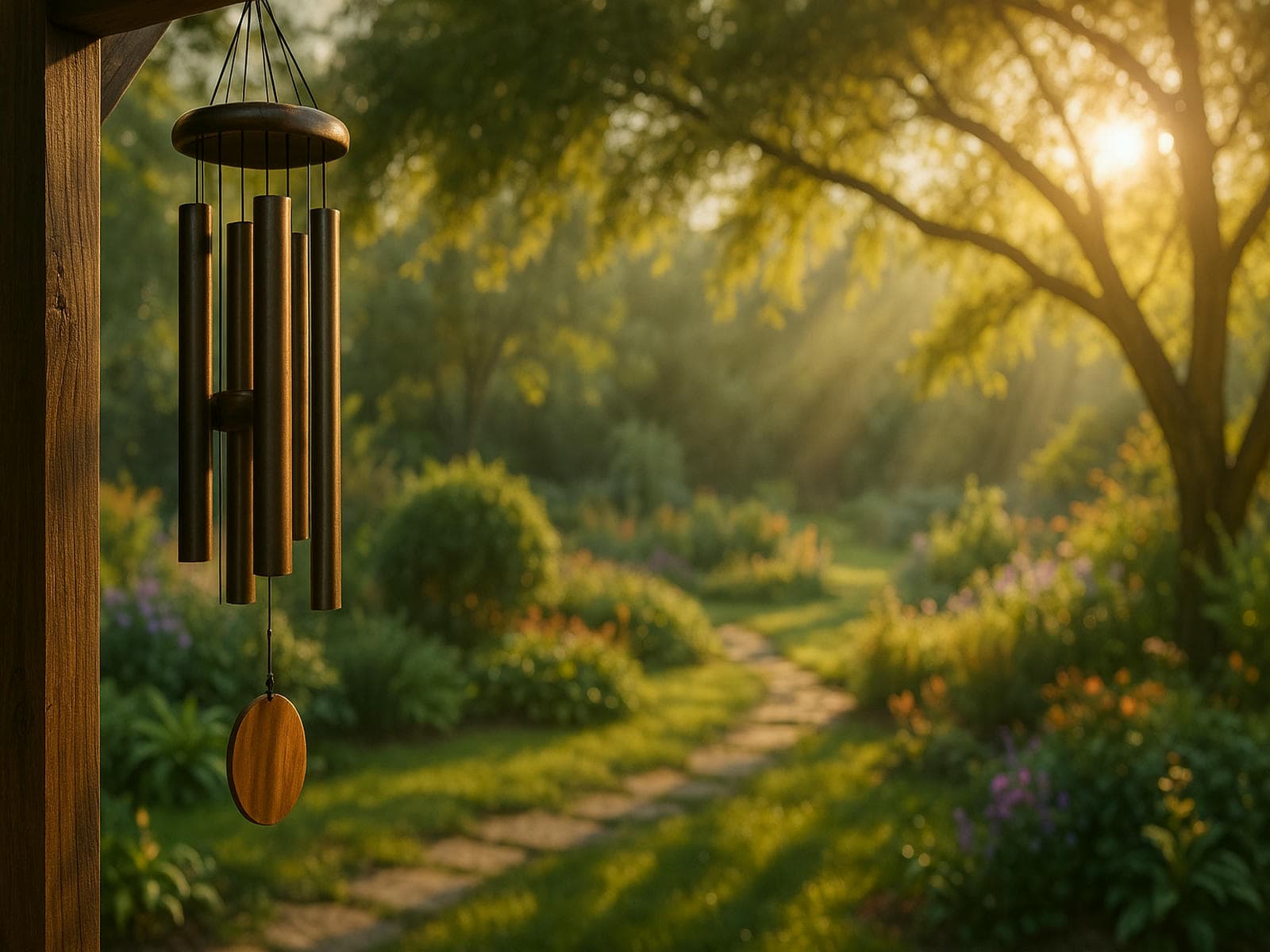 Large copper and aluminum metal wind chimes hanging in a lush green garden, sunlight filtering through trees, creating a deep resonant soundscape for outdoor relaxation, Feng Shui balance, and peaceful patio ambiance.