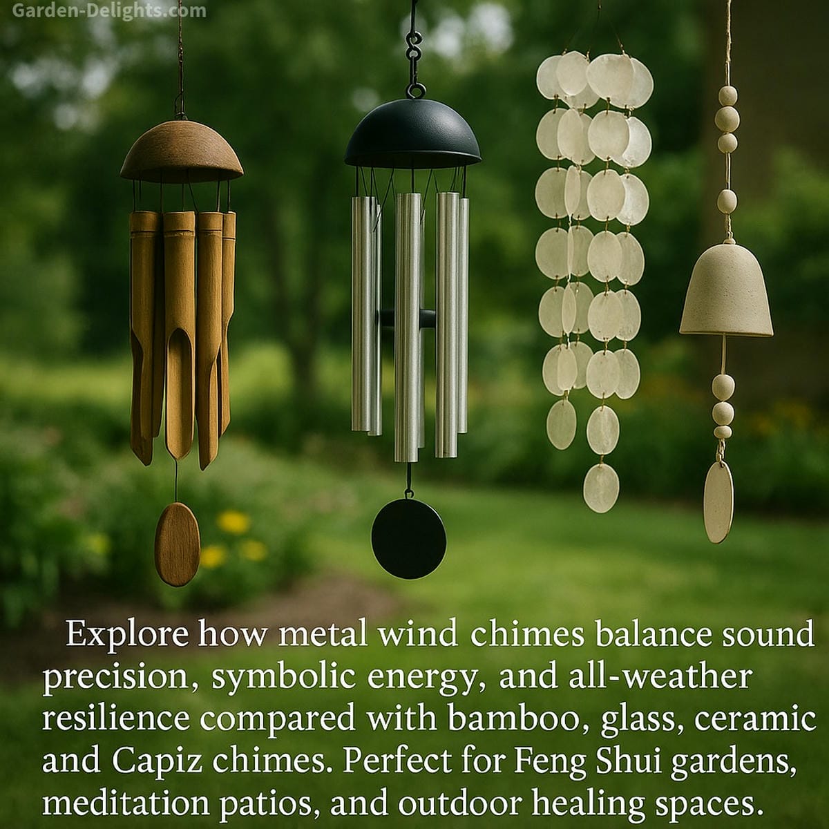 Metal wind chimes displayed with bamboo, glass, ceramic, and Capiz designs in a peaceful garden patio highlighting differences in tone clarity, symbolism, and outdoor durability under sunlight and gentle breeze.