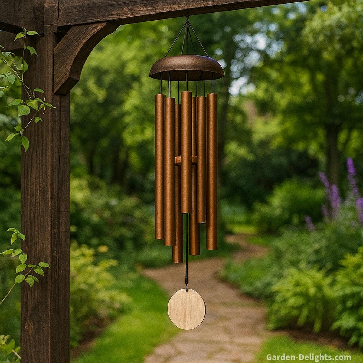 Metal wind chime hanging from a pergola beam near a garden path ideal Feng Shui placement for aluminum or bronze chimes to enhance energy flow, clarity, and outdoor healing vibration.