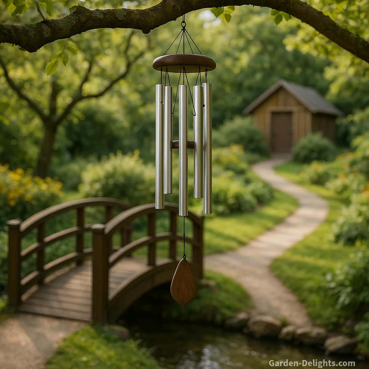 Silver metal wind chime hanging above a stone garden path beside a wooden bridge and creek symbolizing clarity, healing movement, grounded Chi flow, and peaceful spiritual renewal.