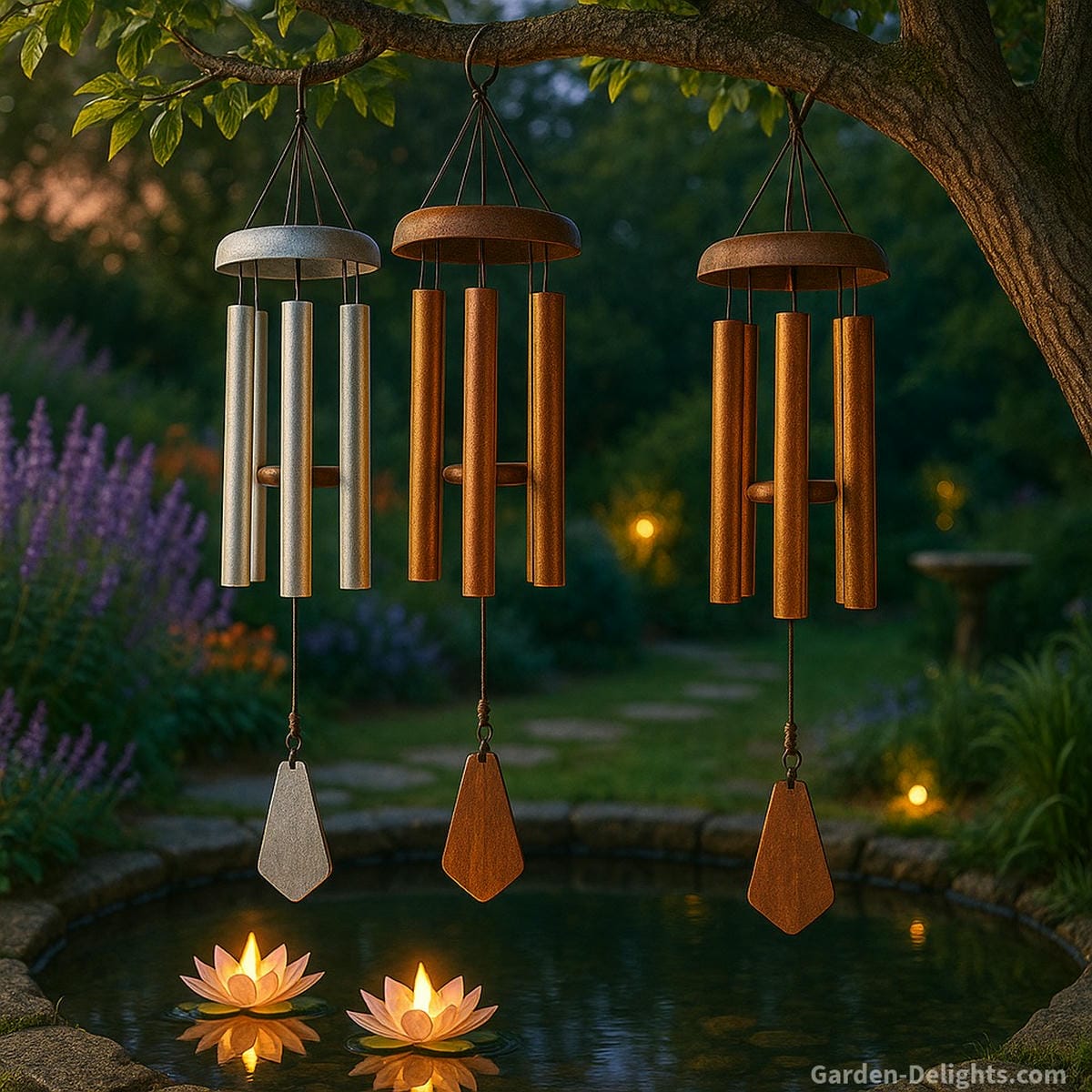Aluminum, copper, and bronze metal wind chimes hanging above a reflective twilight garden pond surrounded by lavender, lotus candles, and soothing Feng Shui light for emotional renewal and calming resonance.