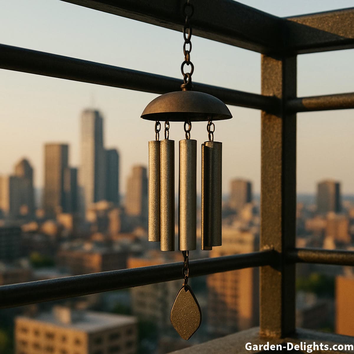 Metal wind chimes hanging on a golden-hour city balcony echoing soft harmonic tones, enhancing urban calm, and bringing Feng Shui balance to compact outdoor living spaces.