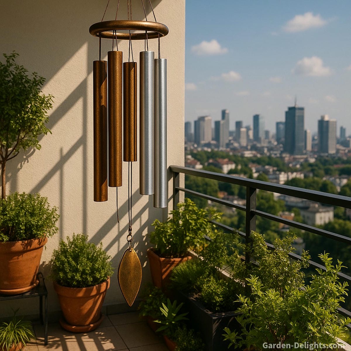 Modern bronze and aluminum wind chimes swaying above a high-rise balcony garden catching sunlight, casting soft shadows, and resonating gently against a distant city skyline for energetic balance and calming Feng Shui flow.