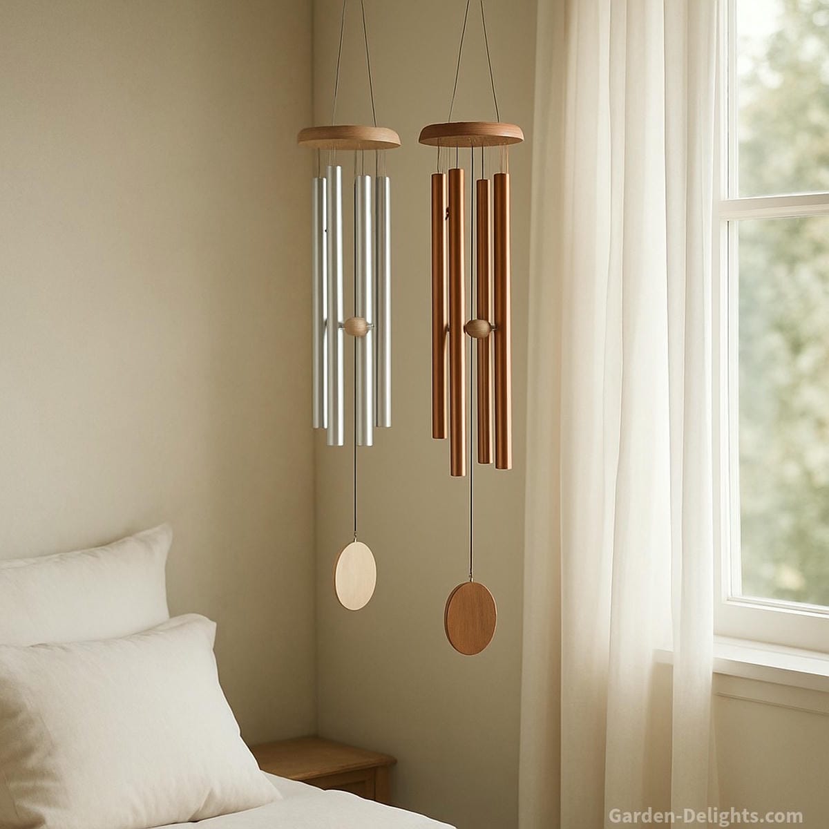 Aluminum and copper indoor wind chimes hanging in a peaceful bedroom corner enhancing clarity, emotional healing, acoustic calm, and gentle Feng Shui balance for mindful living spaces.