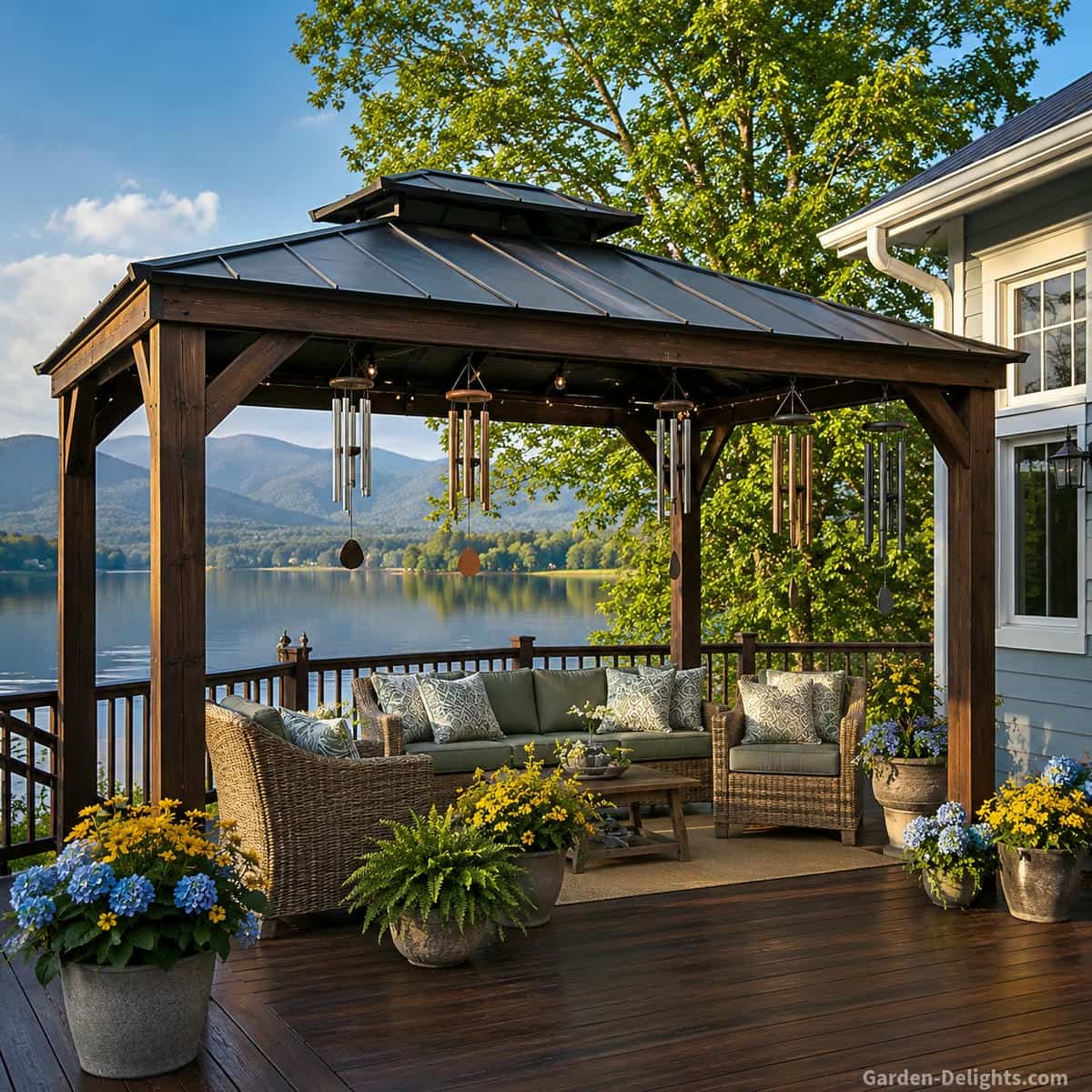 Aluminum, bronze, copper, and steel metal wind chimes hanging beneath a dark wood lakeside pergola with a black metal roof beside a light blue lake house, wicker patio furniture, walnut stained decking, and peaceful waterfront mountain views.