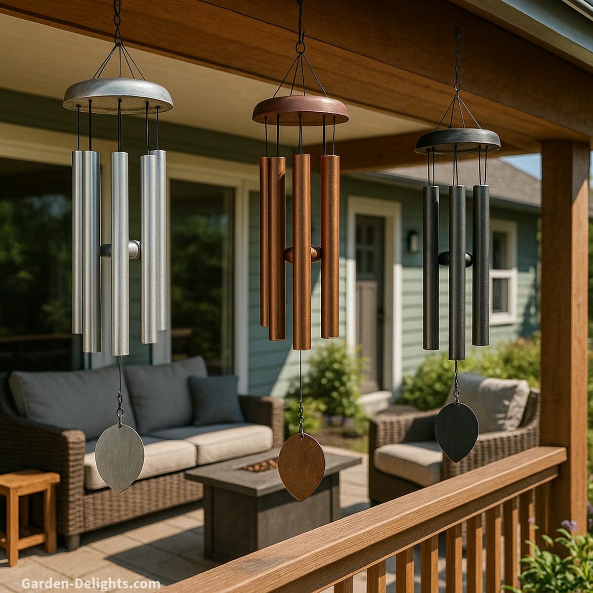 Freshly cleaned aluminum, copper, and steel wind chimes hanging beneath a roof overhang on a backyard deck showcasing renewed shine, rust-free surfaces, and clear acoustic resonance.