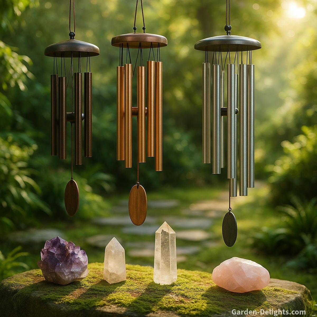 Bronze, copper, and aluminum metal wind chimes swaying gently in a Zen healing garden with crystals and warm sunlight symbolizing Chi alignment, emotional clarity, and Feng Shui spiritual harmony.