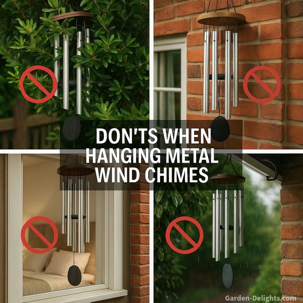 Common mistakes when hanging metal wind chimes blocked airflow, wall contact, crowded décor, harsh weather exposure, and poor indoor placement that reduce sound clarity and Feng Shui energy.