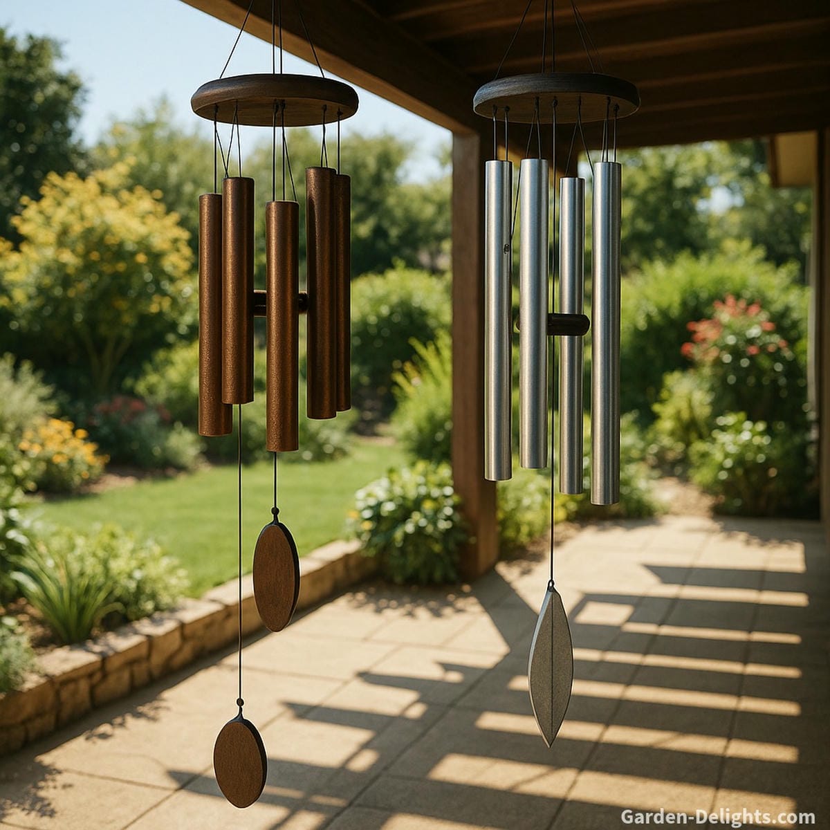 Bronze and aluminum metal wind chimes hanging over a sunlit patio garden casting bold shadows, echoing warm harmonic tones, and enhancing outdoor Feng Shui energy with grounding resonance and Chi flow.
