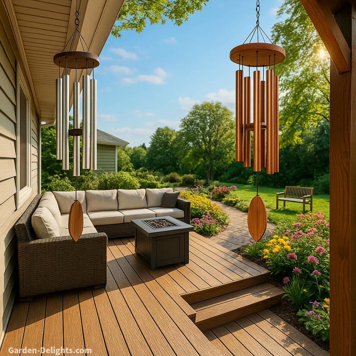 Aluminum and copper wind chimes swaying from a backyard deck above patio seating and a fire table overlooking a flower-lined garden path and wooden bench in warm sunlight.