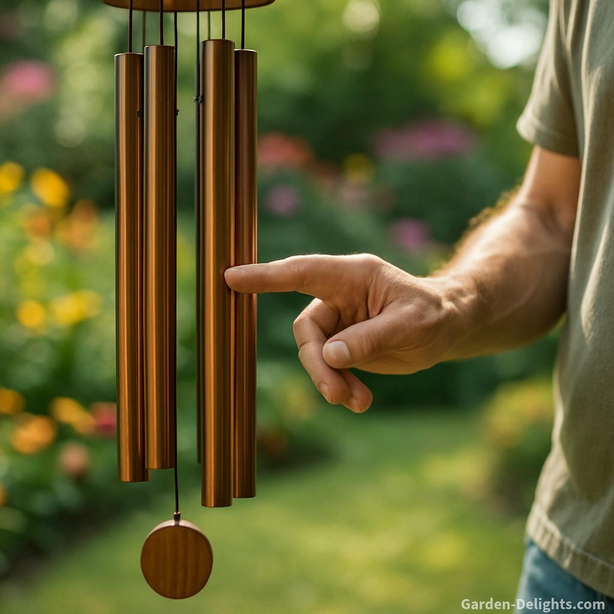 Hand lightly tapping a freshly cleaned bronze wind chime in a sunny garden checking tone clarity, renewed resonance, and balanced Feng Shui energy.