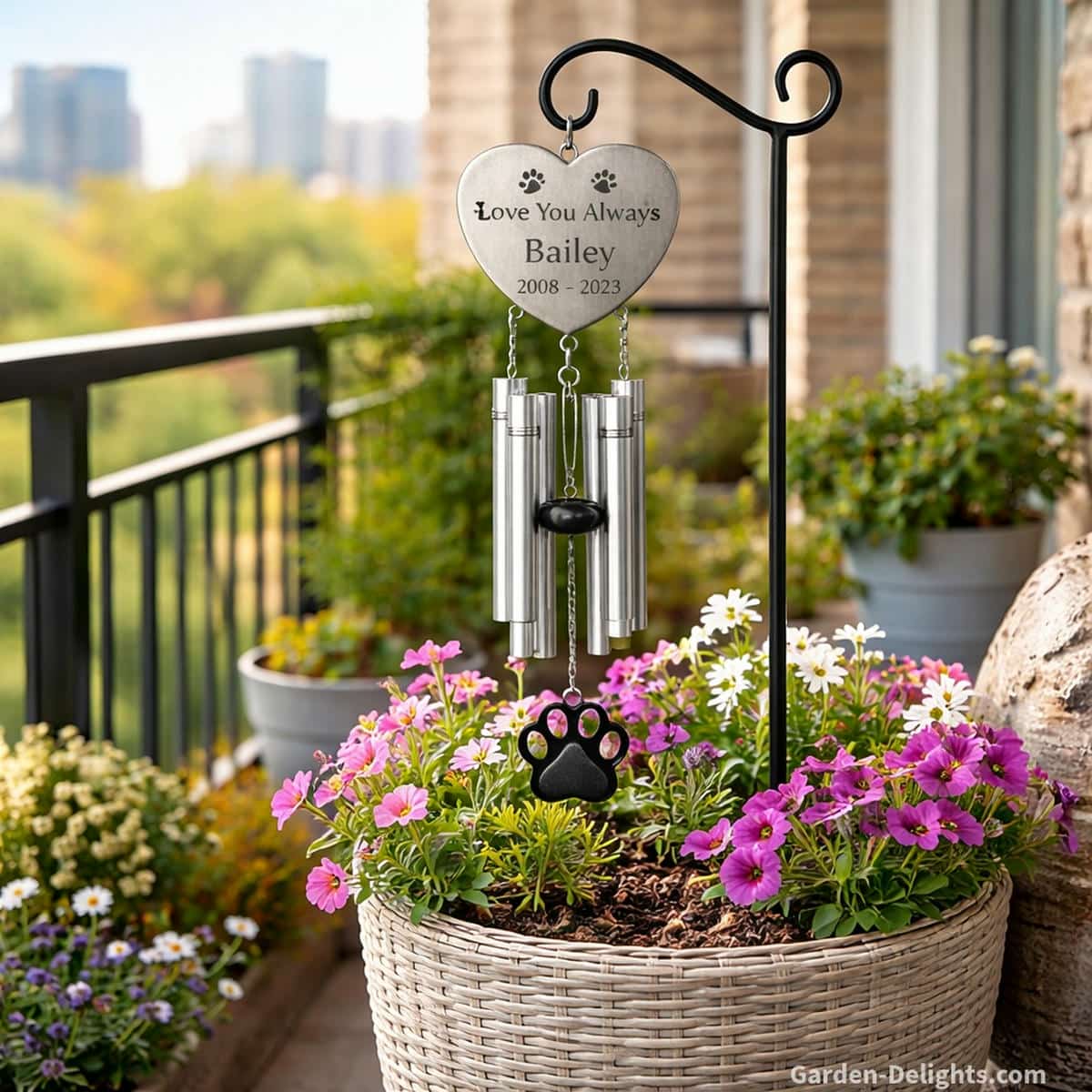 Personalized pet memorial wind chime hanging from a shepherds hook placed in a bright flowerpot on a small apartment balcony where soft city light gentle airflow and colorful blooms create a peaceful remembrance corner filled with symbolic meaning and emotional comfort