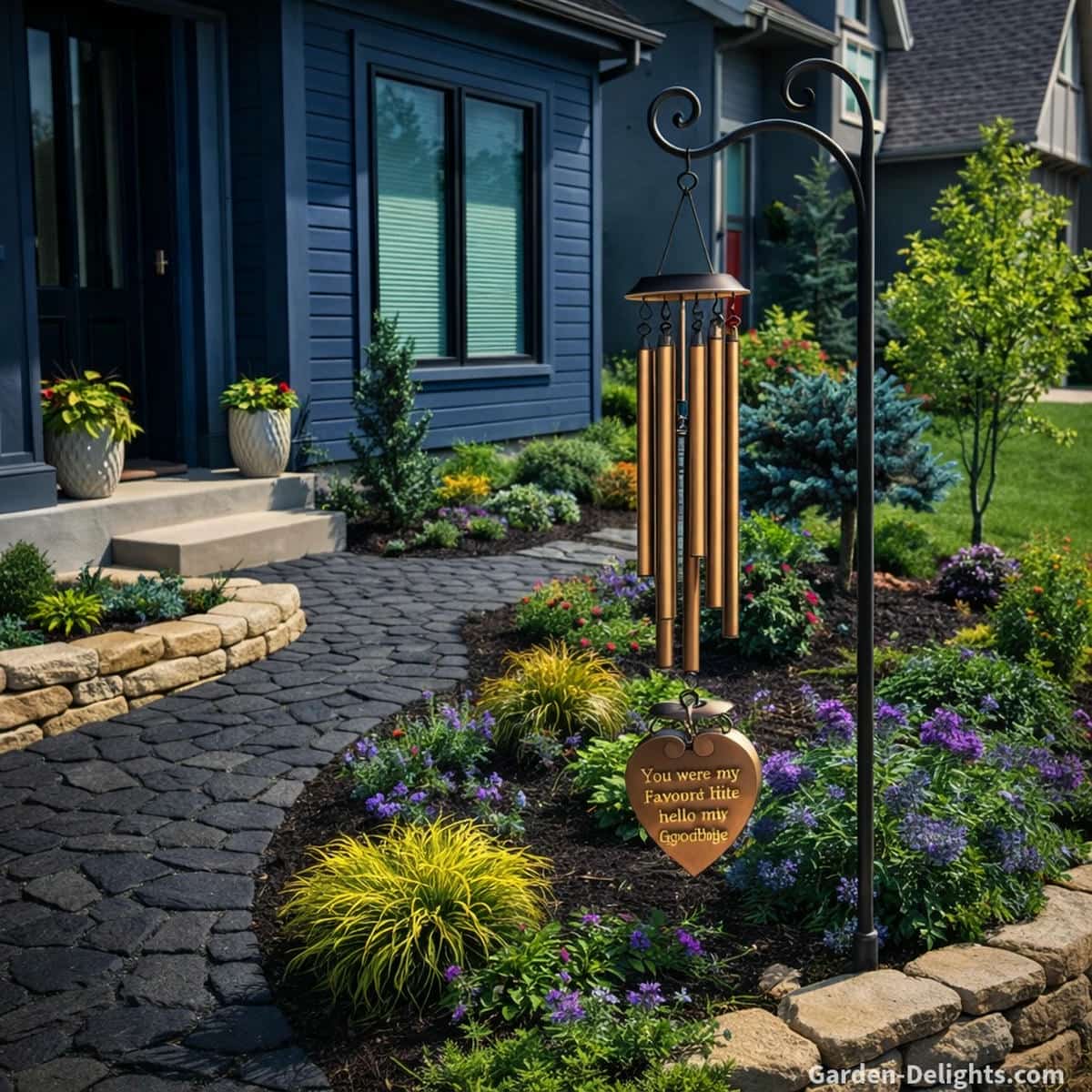 Bronze pet memorial wind chime hanging from a tall decorative shepherds hook beside a black stone garden pathway in front of a dark blue home where clear daylight gentle airflow and lush garden color create a peaceful remembrance space with emotional comfort