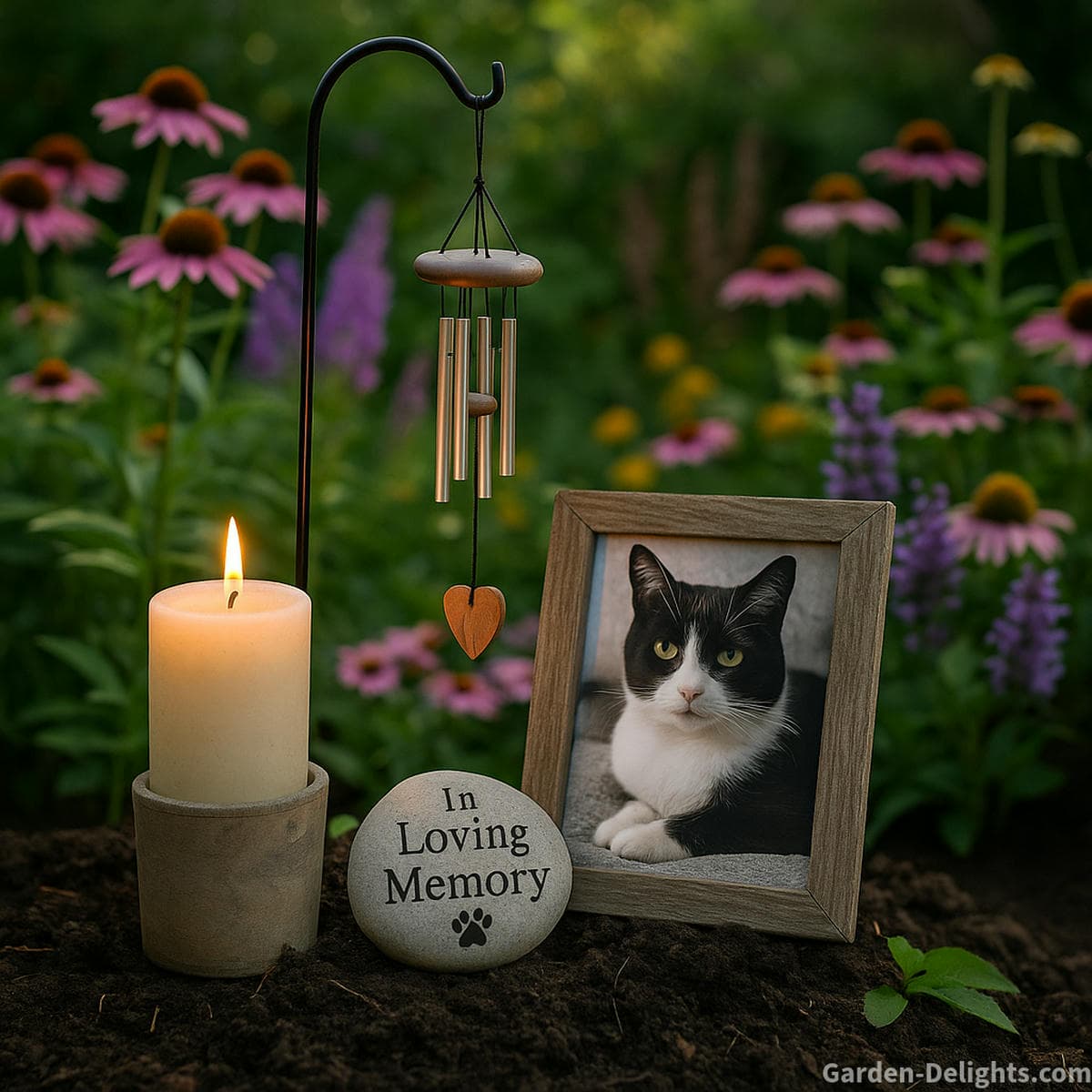 Cat memorial wind chime ceremony with a candle, framed photo and remembrance stone beside a peaceful garden flowerbed where soft tone, gentle movement and warm light support emotional healing and quiet reflection during pet loss