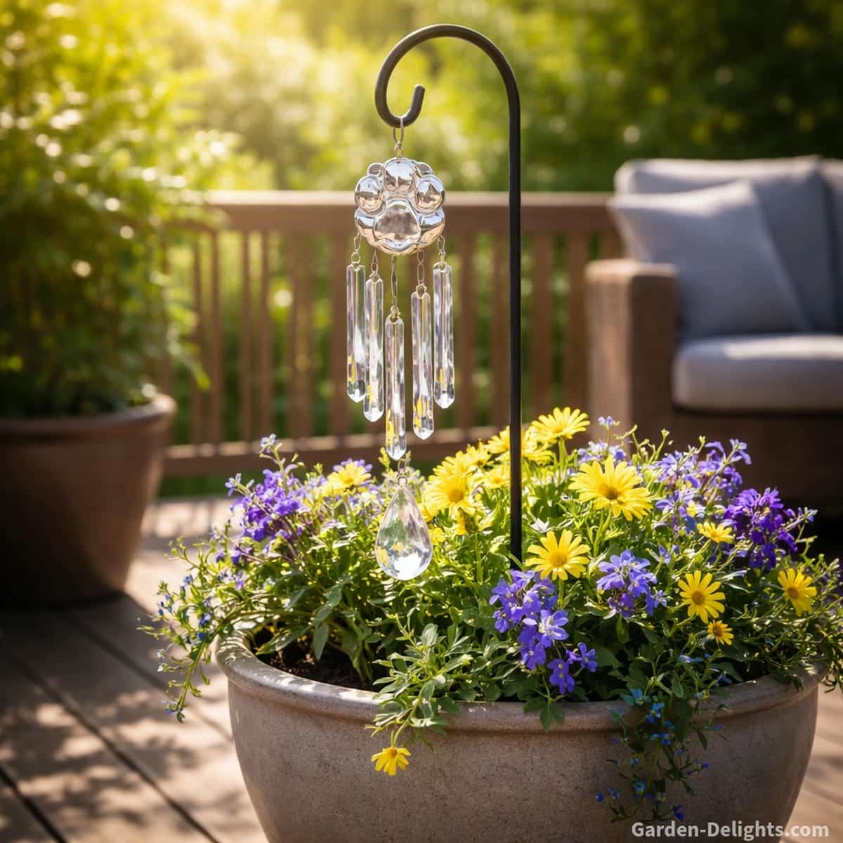 Crystal pet memorial wind chime hanging from a small shepherd hook in a sunny planter with green leaves and blue yellow and purple flowers where soft light reflections create calm healing energy and a gentle remembrance space on a peaceful deck