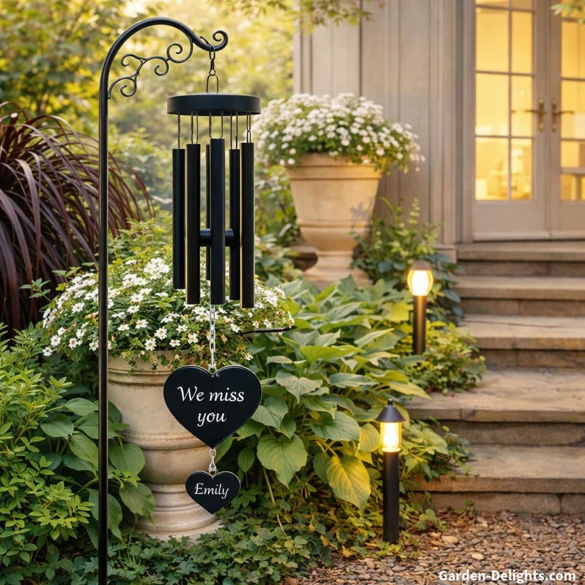 Pet memorial wind chime nestled among soft garden flowers beside warm walkway lights where calm tone gentle airflow and symbolic meaning create a comforting remembrance space that supports healing reflection and emotional closeness with a beloved pet