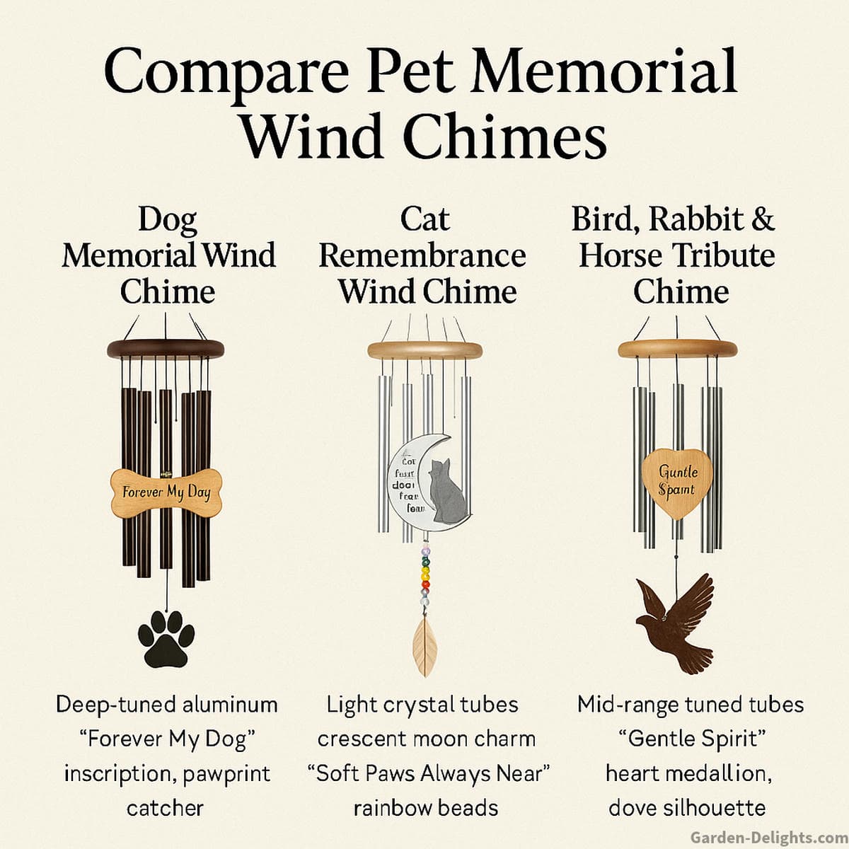 Comparison chart of personalized pet memorial wind chimes for dog cat bird and horse remembrance showing engraving styles tone behavior placement ideas and Rainbow Bridge symbols that help families choose a meaningful tribute with gentle emotional resonance