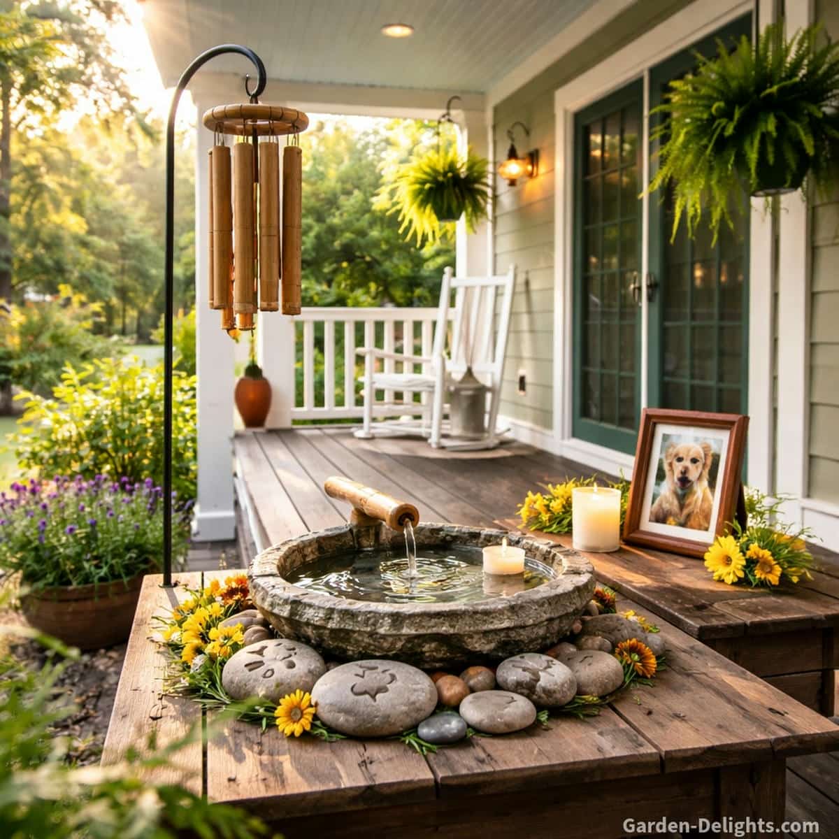 A bamboo pet memorial wind chime hangs beside a flowing water bowl on a simple wooden porch altar where soft morning light warm candles remembrance stones and a framed pet photo create a peaceful healing ritual space that supports Chi flow emotional grounding sound therapy and mindful pet loss remembrance