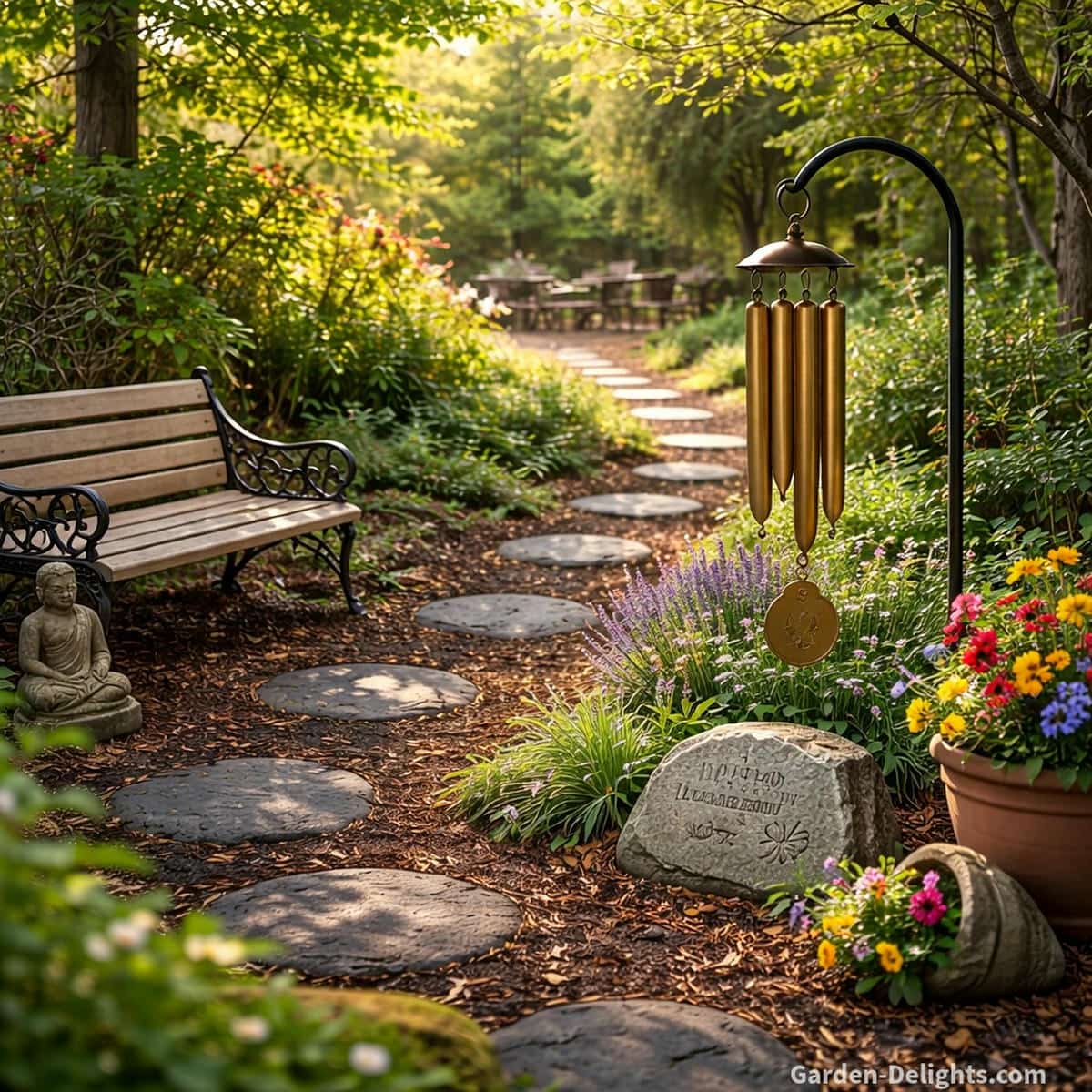 Bronze pet memorial wind chime on a curved shepherds hook beside an engraved memorial stone near a light wood and black iron bench with a garden Buddha statue along a quiet path of black stones where warm morning light gentle airflow lavender and bright garden flowers create a peaceful healing space for remembrance